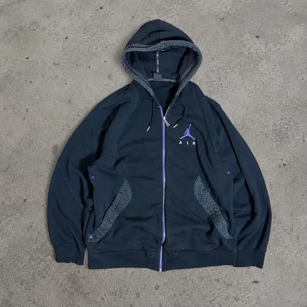 Jordan Air Jordan 2000s Black Zip Up Hoodie with Purple Jumpman Logo Sz XL